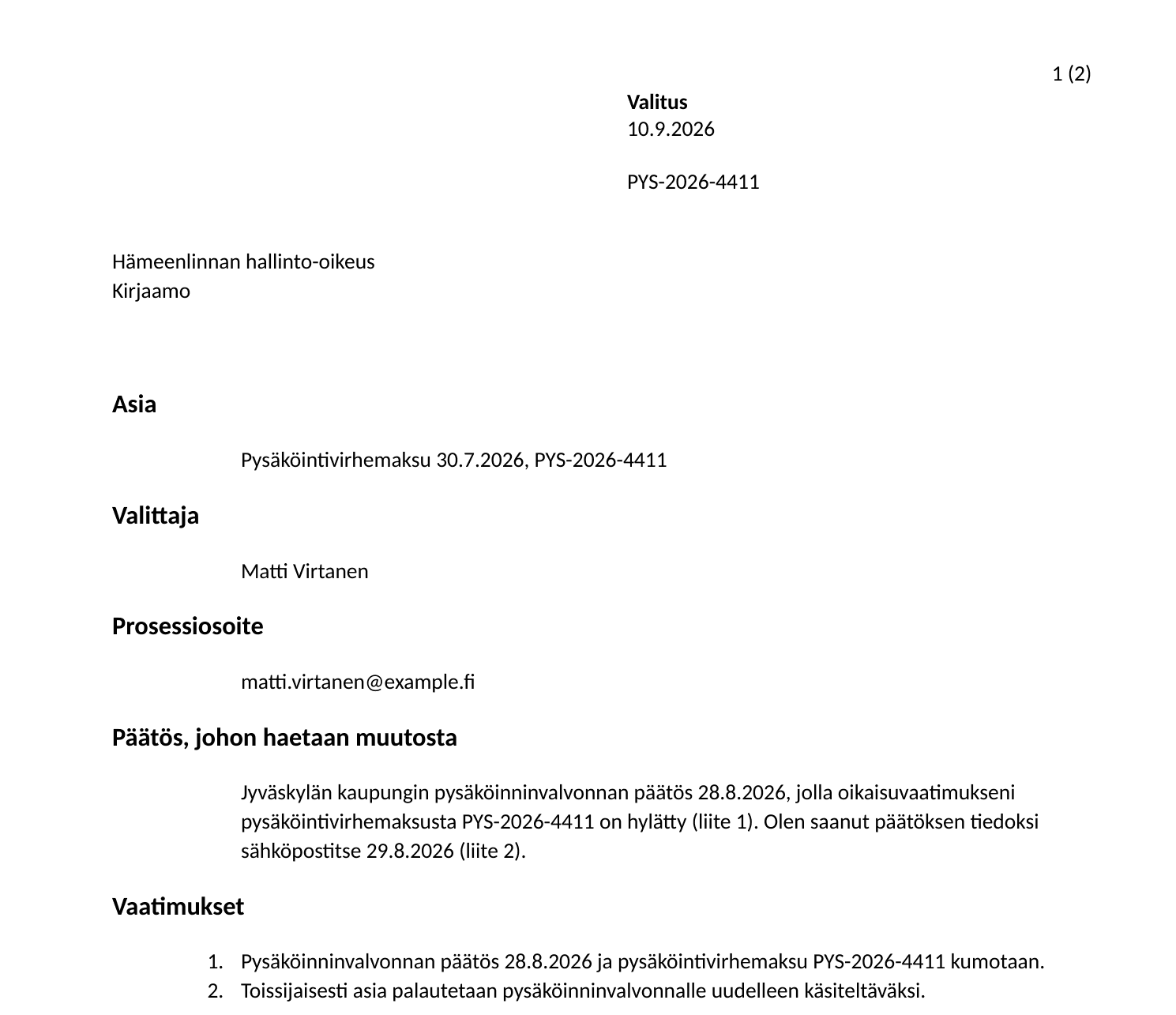 Ordfesten laatiman esimerkkivalituksen ensimmäinen sivu hallinto-oikeudelle